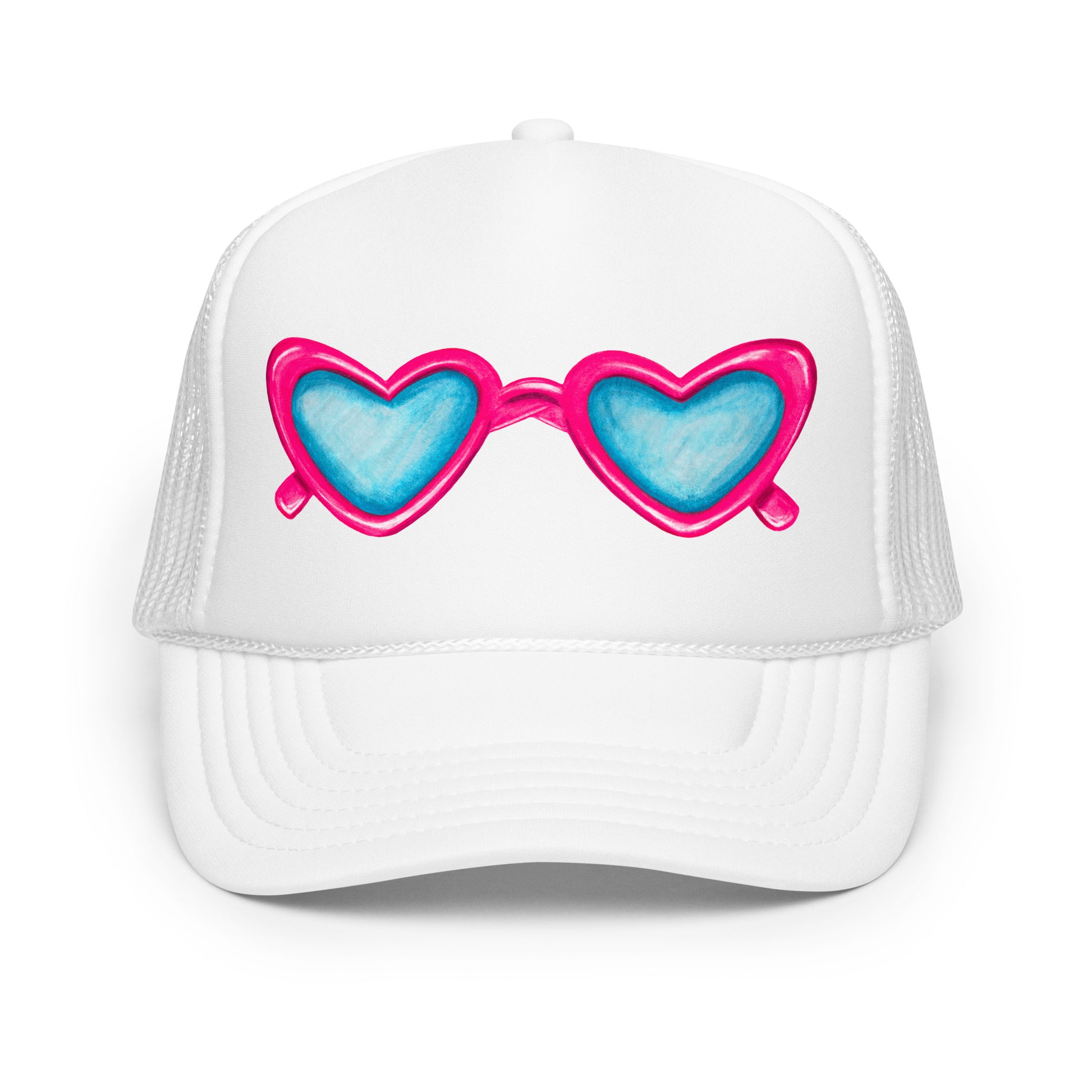 Trucker Hat | Hot Pink Heart Shaped Sunglasses Watercolor Illustration White