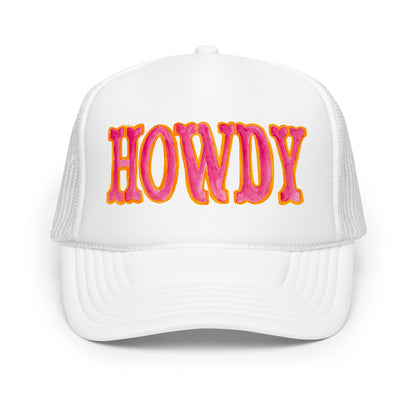 Howdy Hot Pink & Orange Watercolor Illustrated Trucker Hat White