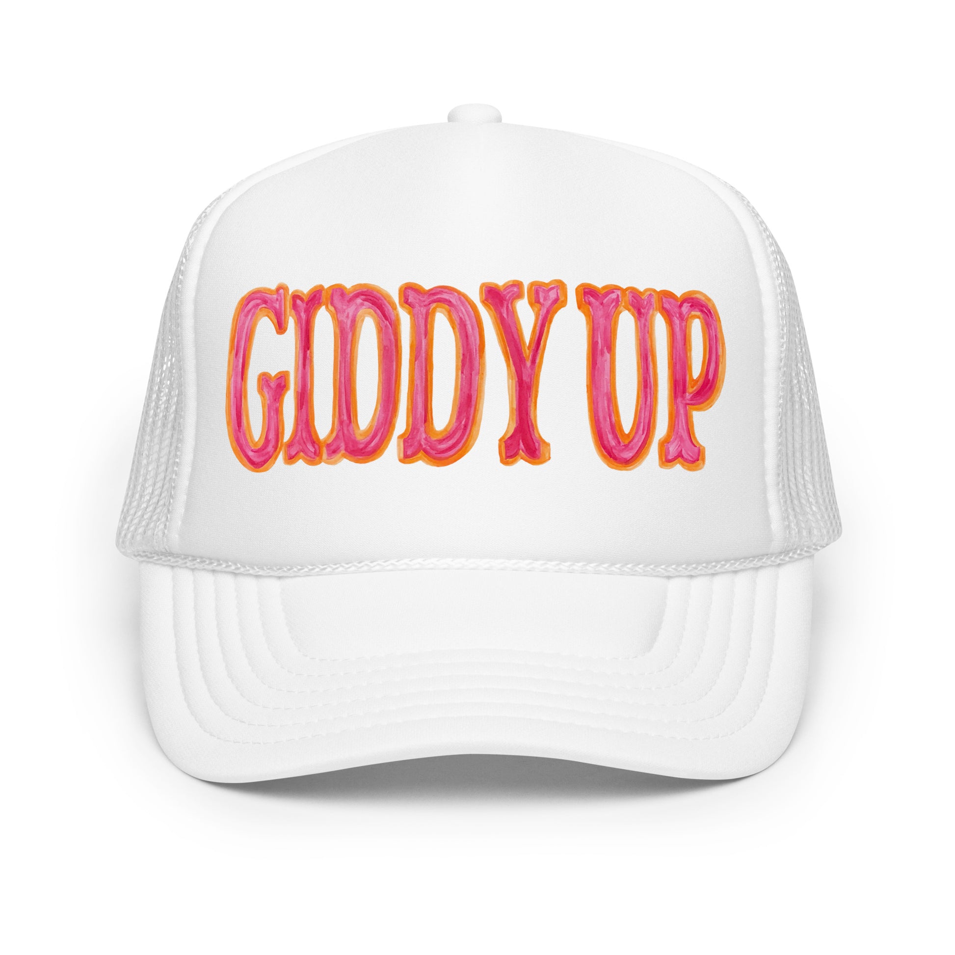 Giddy Up Hot Pink & Orange Watercolor Illustrated Trucker Hat White