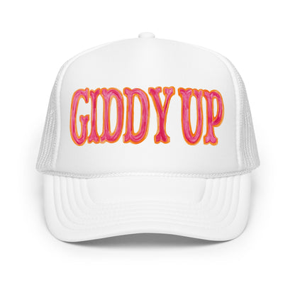 Giddy Up Hot Pink & Orange Watercolor Illustrated Trucker Hat White