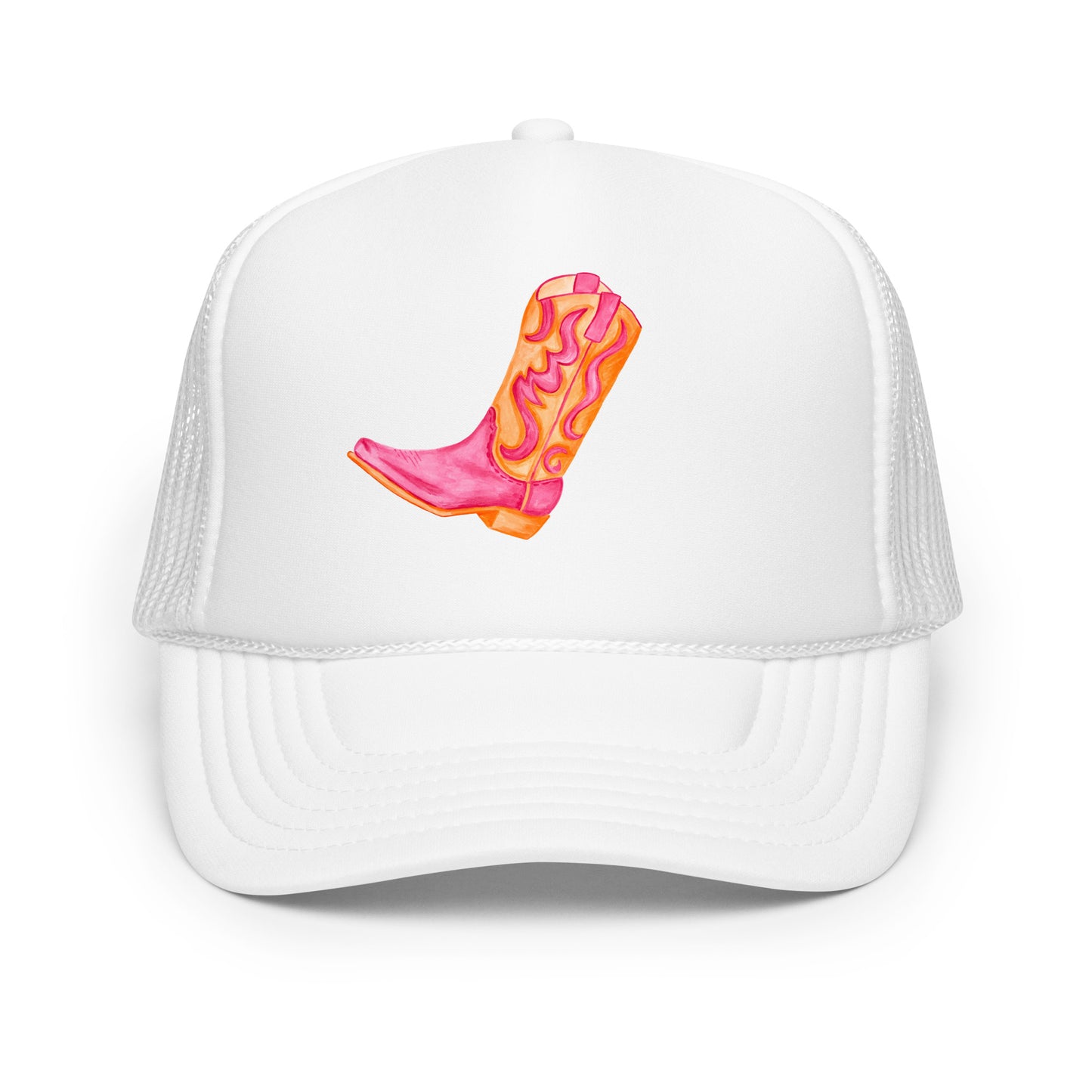Hot Pink & Orange Cowboy Boot Watercolor Printed Trucker Hat | Various Colors White