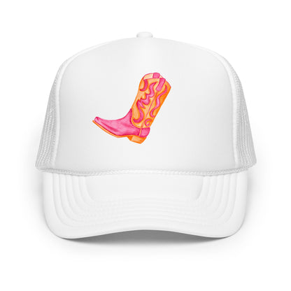 Hot Pink & Orange Cowboy Boot Watercolor Printed Trucker Hat | Various Colors White