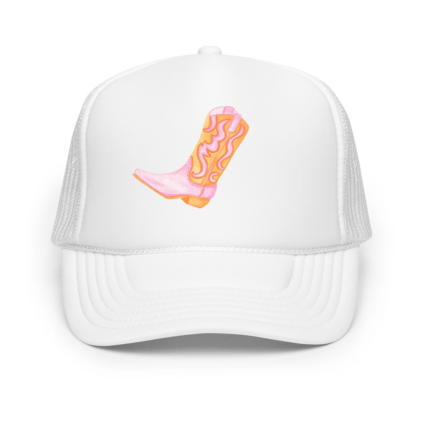 Light Pink & Orange Cowboy Boot Watercolor Printed Trucker Hat | Various Colors White