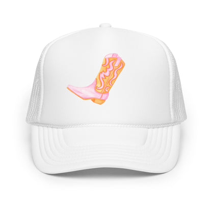 Light Pink & Orange Cowboy Boot Watercolor Printed Trucker Hat | Various Colors White