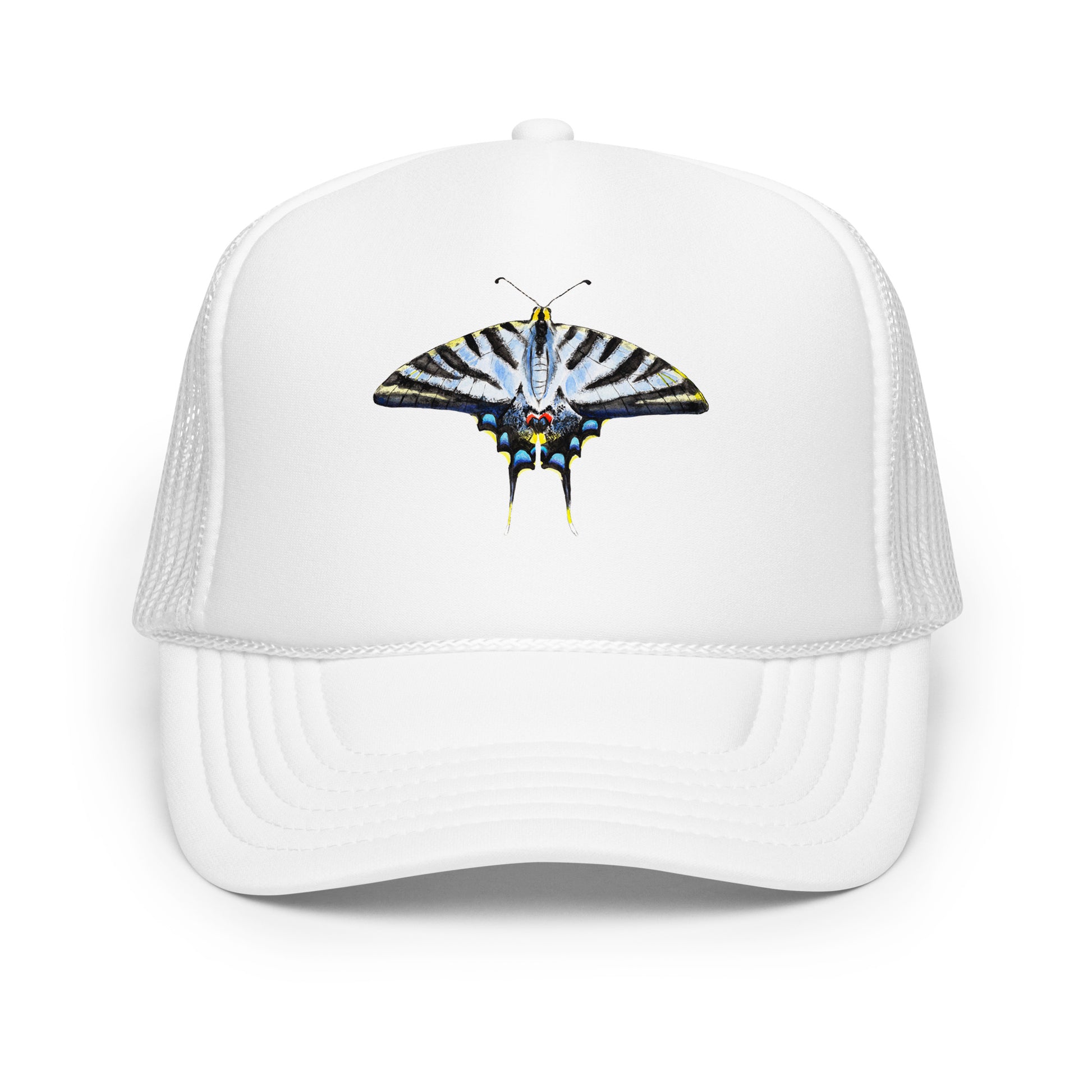 Light Blue Swallowtail Butterfly Watercolor Printer Trucker Hat | Various Hats White