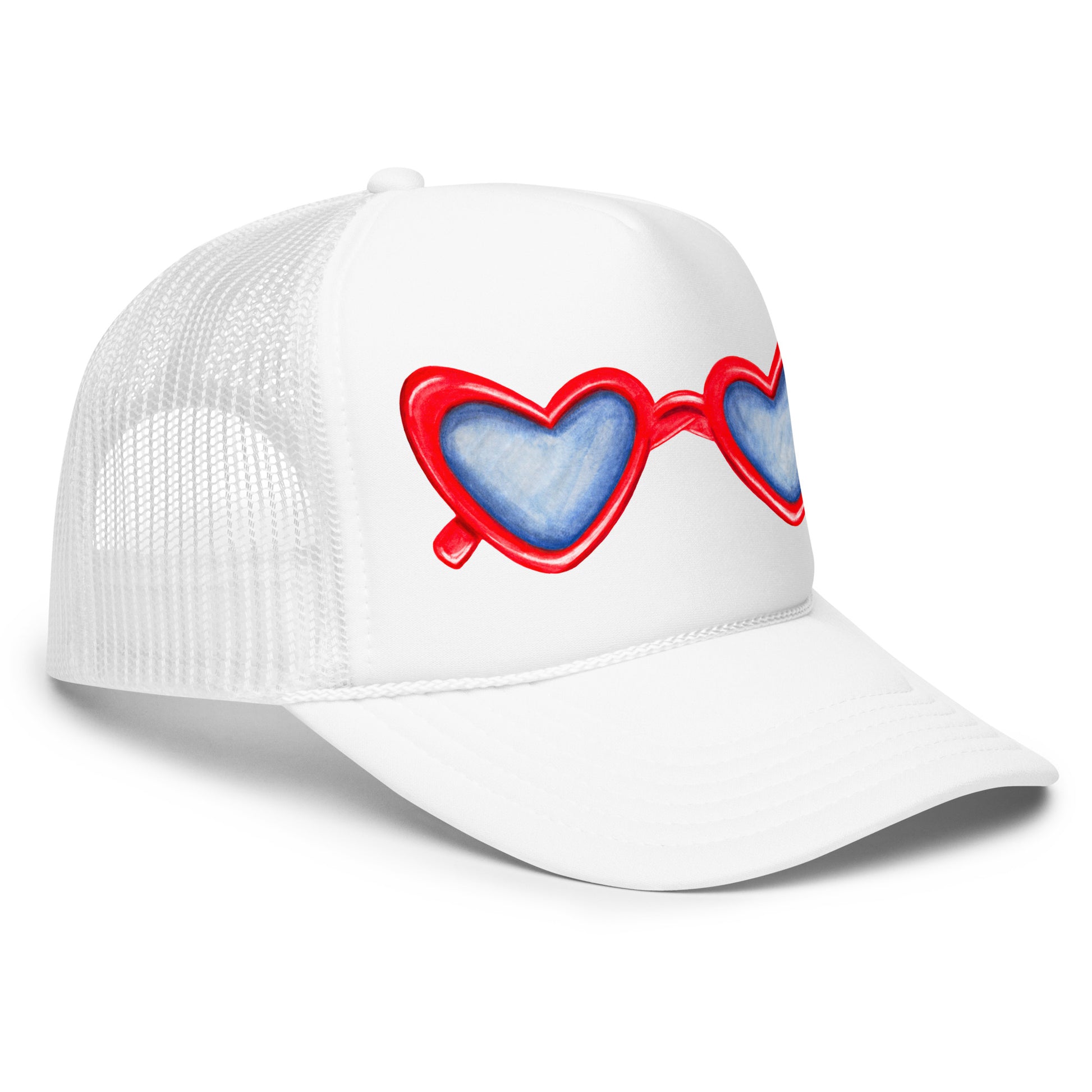 Red Heart Shaped Sunglasses Watercolor Illustration Trucker Hat | 4 Colors