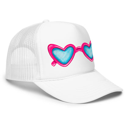 Trucker Hat | Hot Pink Heart Shaped Sunglasses Watercolor Illustration