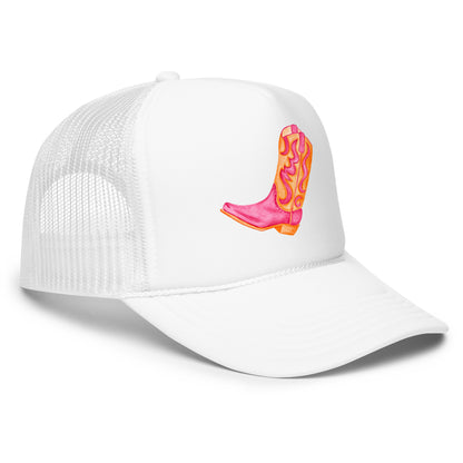 Hot Pink & Orange Cowboy Boot Watercolor Printed Trucker Hat | Various Colors