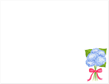 Blue Hydrangeas with Hot Pink Bow Watercolor Illustration | Set of 10 Cards & Envelopes | 2 Sizes