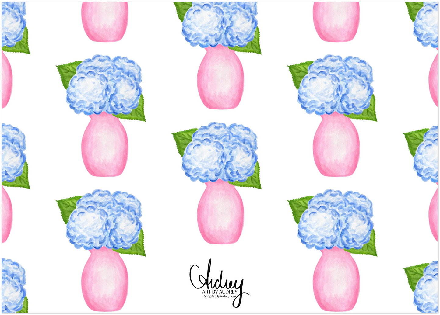 Blue Hydrangeas in a Pink Vase Watercolor Illustration | Set of 10 Cards & Envelopes | 2 Sizes