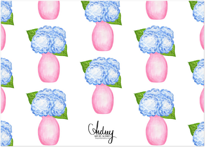 Blue Hydrangeas in a Pink Vase Watercolor Illustration | Set of 10 Cards & Envelopes | 2 Sizes