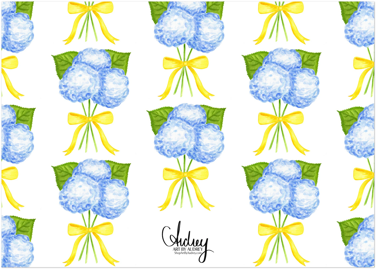Personalized | Blue Hydrangeas with a Yellow Bow Watercolor Illustration | Set of 10 Cards & Envelopes | 2 Sizes