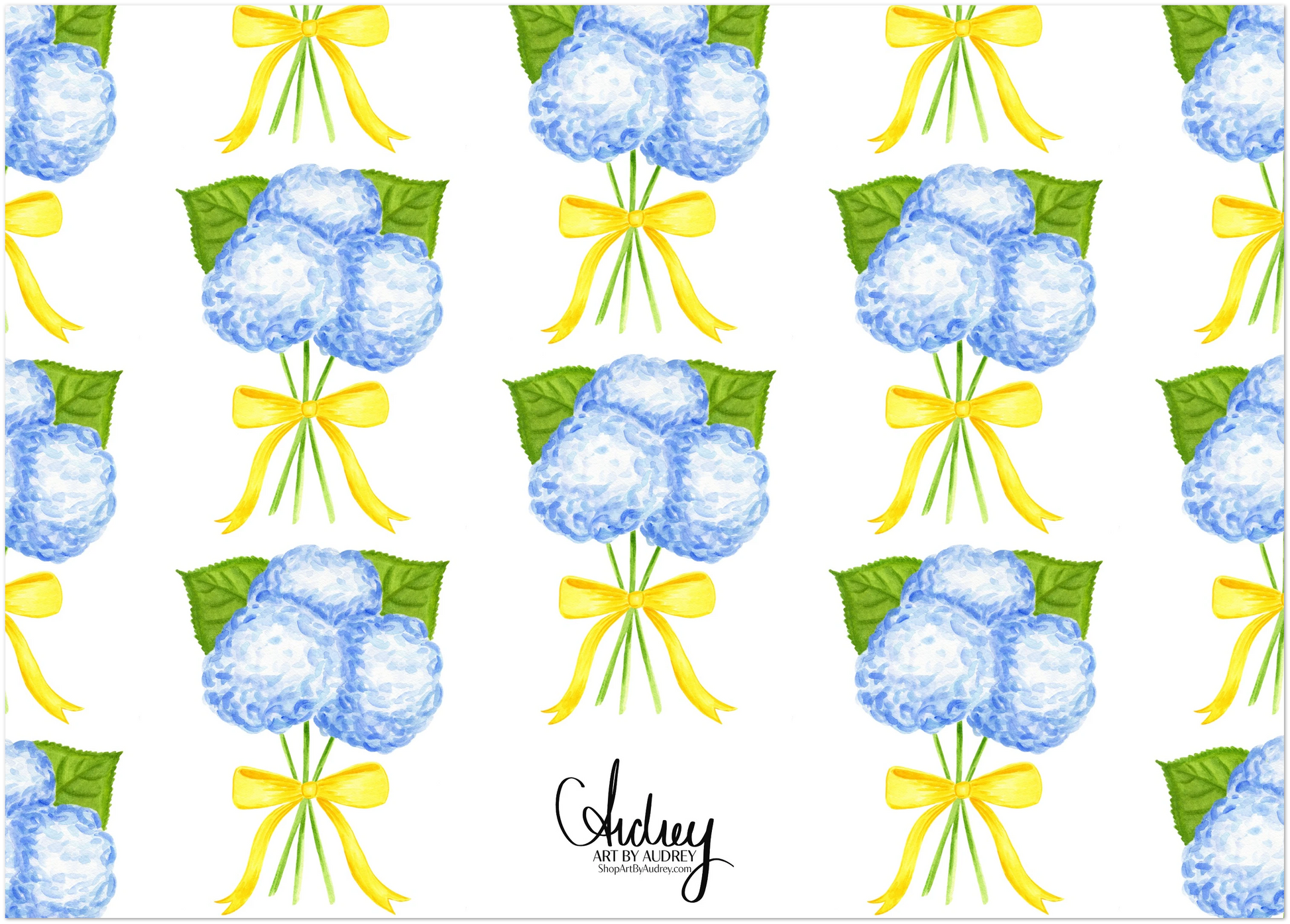 Personalized | Blue Hydrangeas with a Yellow Bow Watercolor Illustration | Set of 10 Cards & Envelopes | 2 Sizes