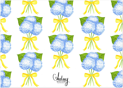 Personalized | Blue Hydrangeas with a Yellow Bow Watercolor Illustration | Set of 10 Cards & Envelopes | 2 Sizes