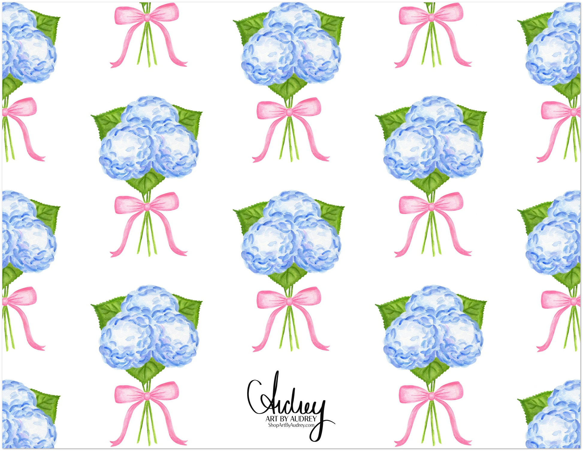 Thank You Notes | Blue Hydrangeas with a Light Pink Bow Watercolor Illustration | Set of 10 Cards & Envelopes | 2 Sizes