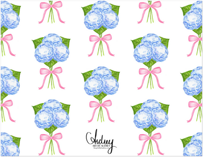 Thank You Notes | Blue Hydrangeas with a Light Pink Bow Watercolor Illustration | Set of 10 Cards & Envelopes | 2 Sizes
