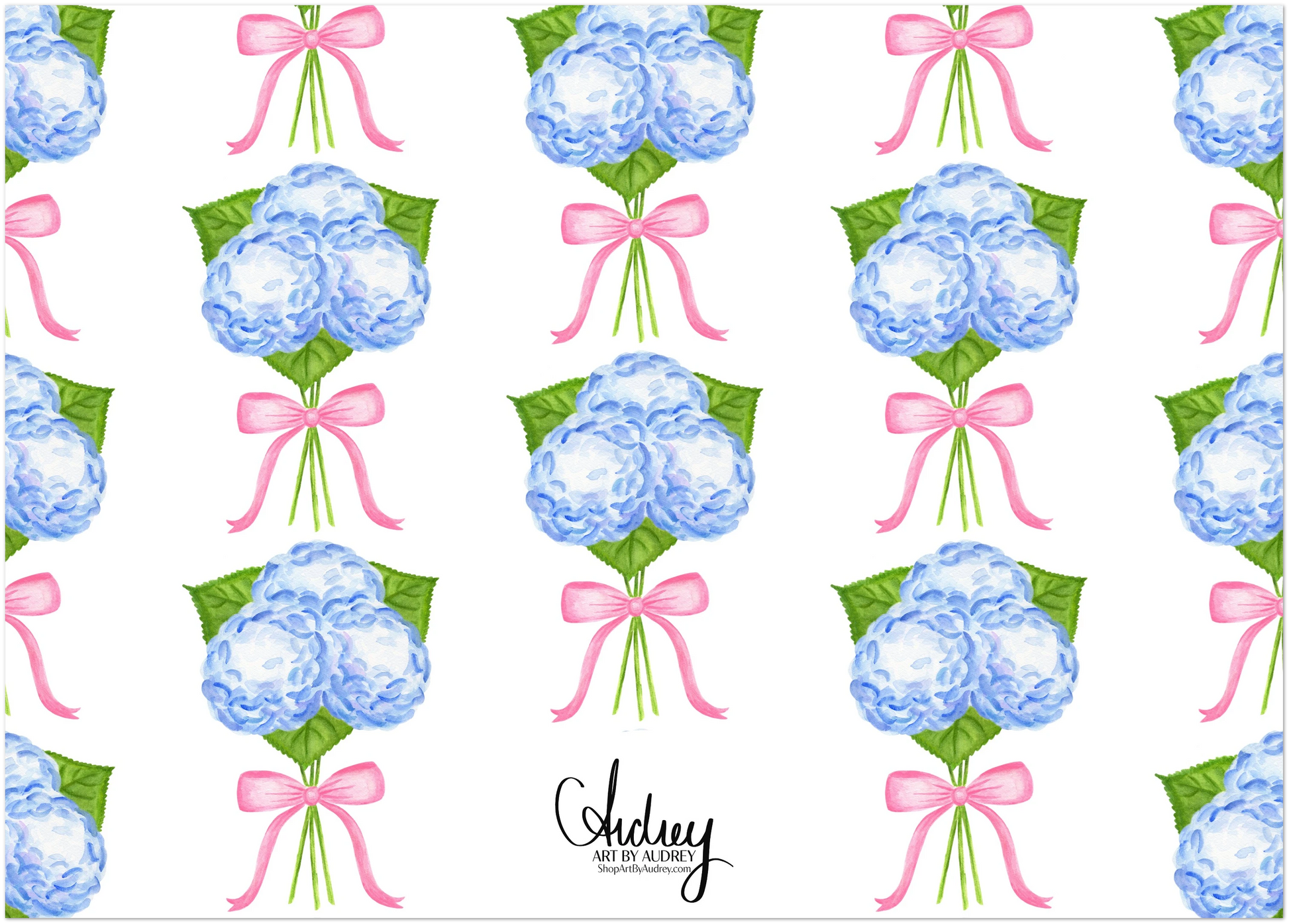 Thank You Notes | Blue Hydrangeas with a Light Pink Bow Watercolor Illustration | Set of 10 Cards & Envelopes | 2 Sizes