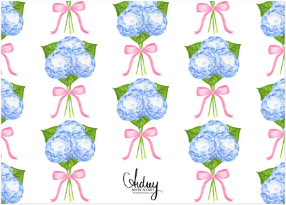 Thank You Notes | Blue Hydrangeas with a Light Pink Bow Watercolor Illustration | Set of 10 Cards & Envelopes | 2 Sizes