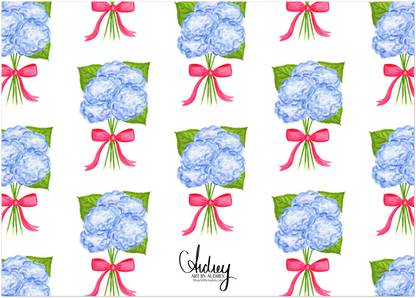 Personalized | Blue Hydrangeas with Hot Pink Bow Watercolor Illustration | Set of 10 Cards & Envelopes | 2 Sizes