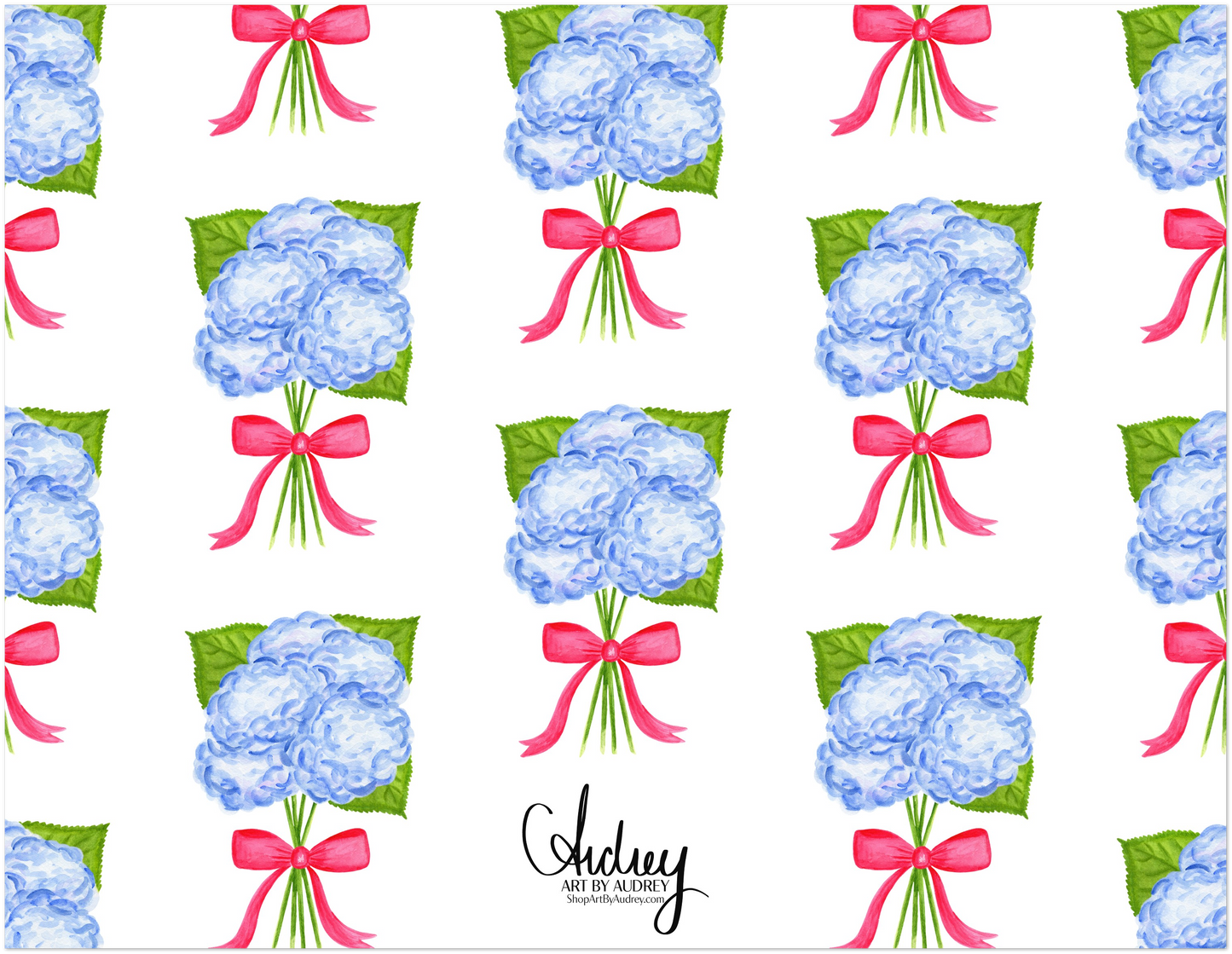 Personalized | Blue Hydrangeas with Hot Pink Bow Watercolor Illustration | Set of 10 Cards & Envelopes | 2 Sizes