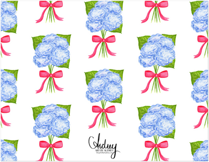 Personalized | Blue Hydrangeas with Hot Pink Bow Watercolor Illustration | Set of 10 Cards & Envelopes | 2 Sizes