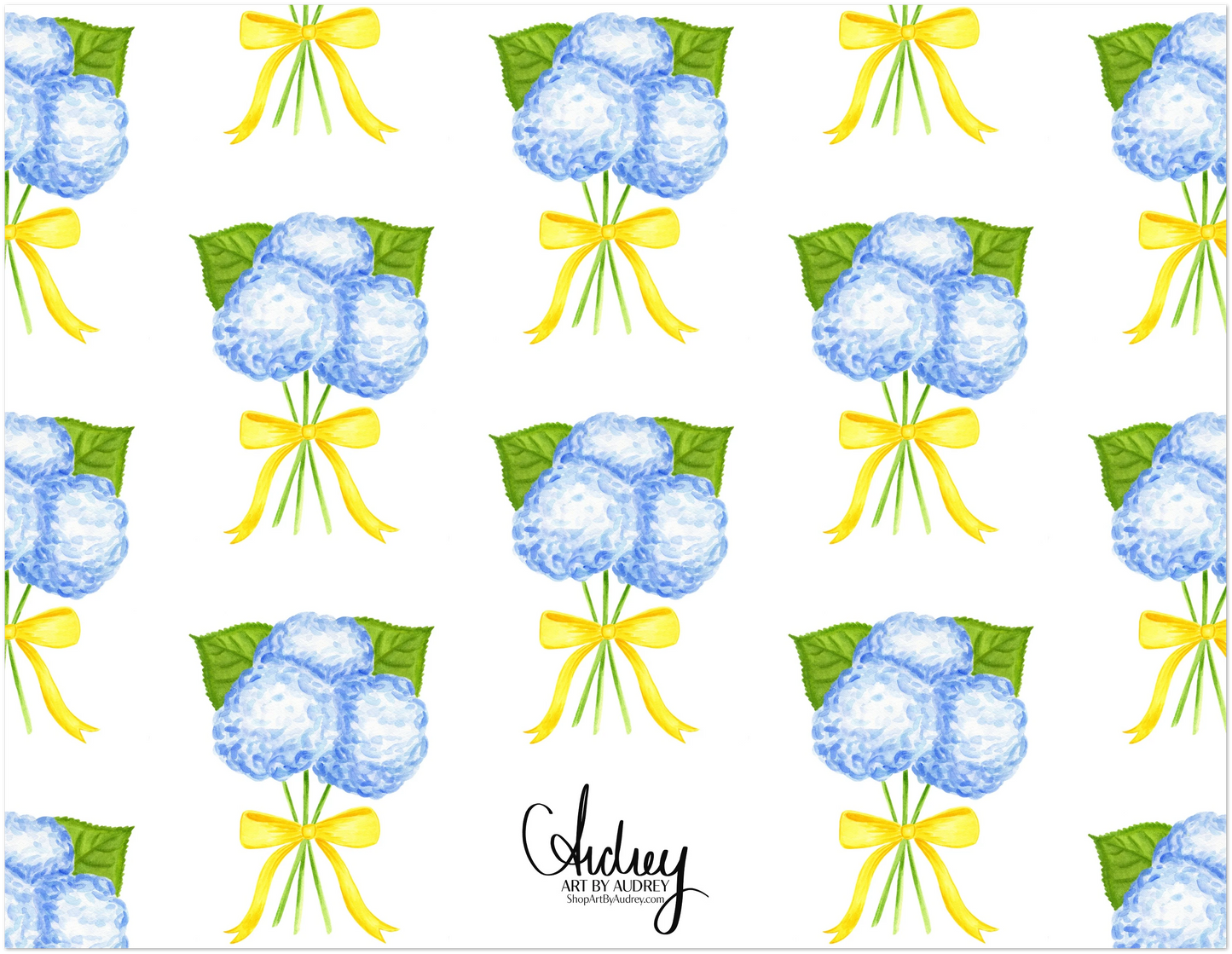 Personalized | Blue Hydrangeas with a Yellow Bow Watercolor Illustration | Set of 10 Cards & Envelopes | 2 Sizes