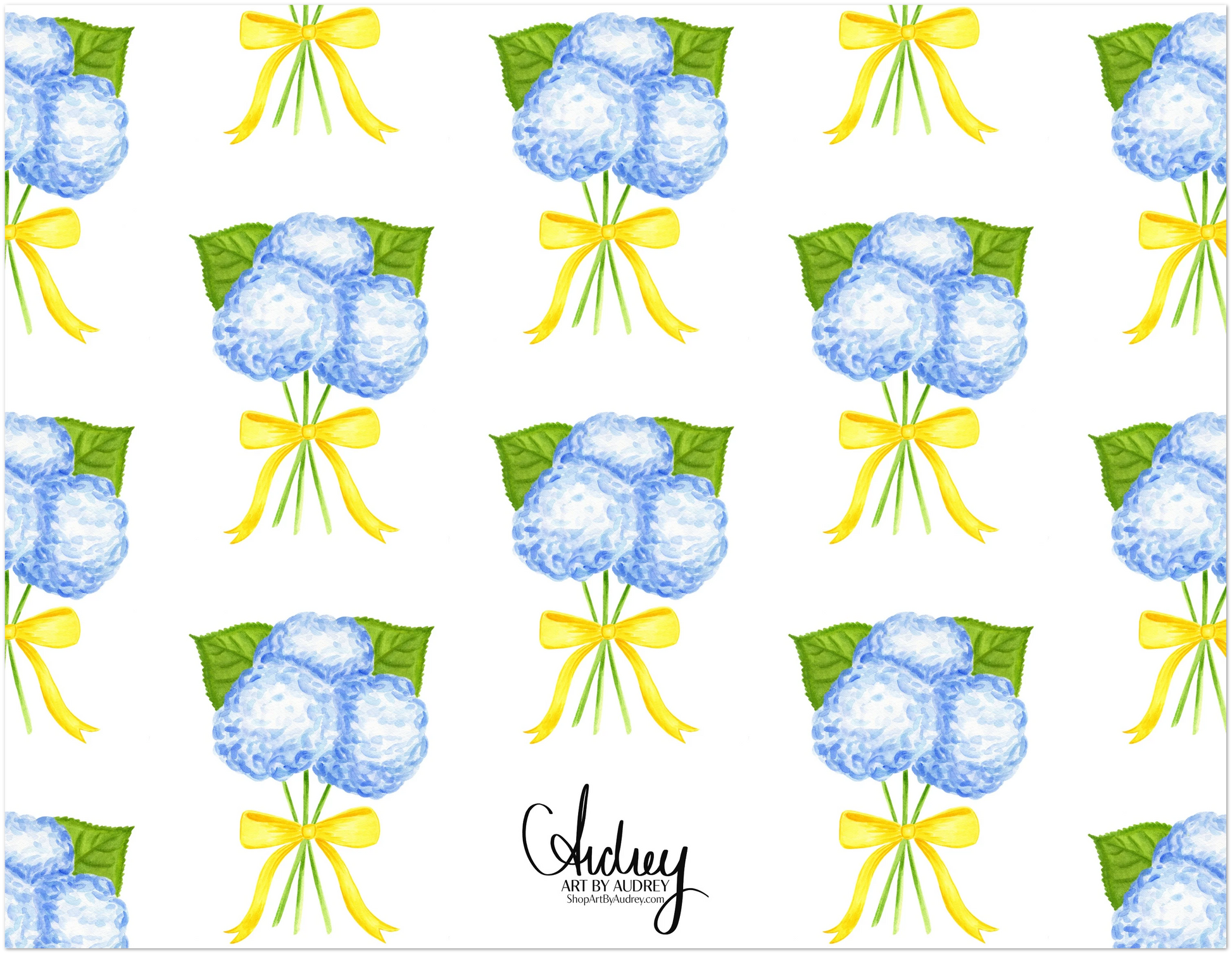 Personalized | Blue Hydrangeas with a Yellow Bow Watercolor Illustration | Set of 10 Cards & Envelopes | 2 Sizes