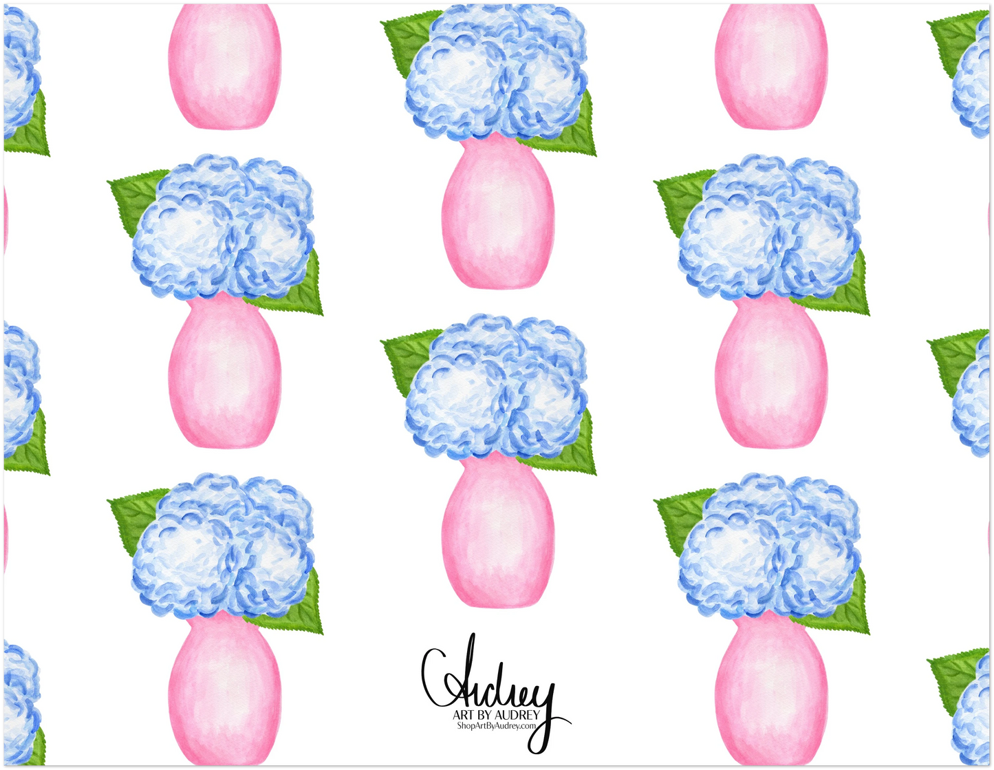 Blue Hydrangeas in a Pink Vase Watercolor Illustration | Set of 10 Cards & Envelopes | 2 Sizes