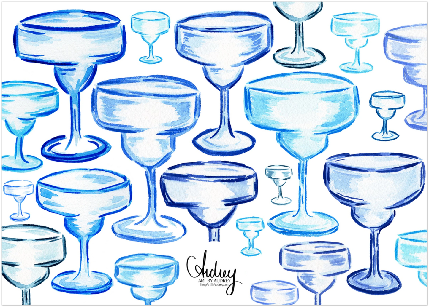 Personalized Blue Margarita Glass Watercolor Illustrated Flat Notecards | Set of 10 Cards & Envelopes | 2 Sizes | 3 Colors
