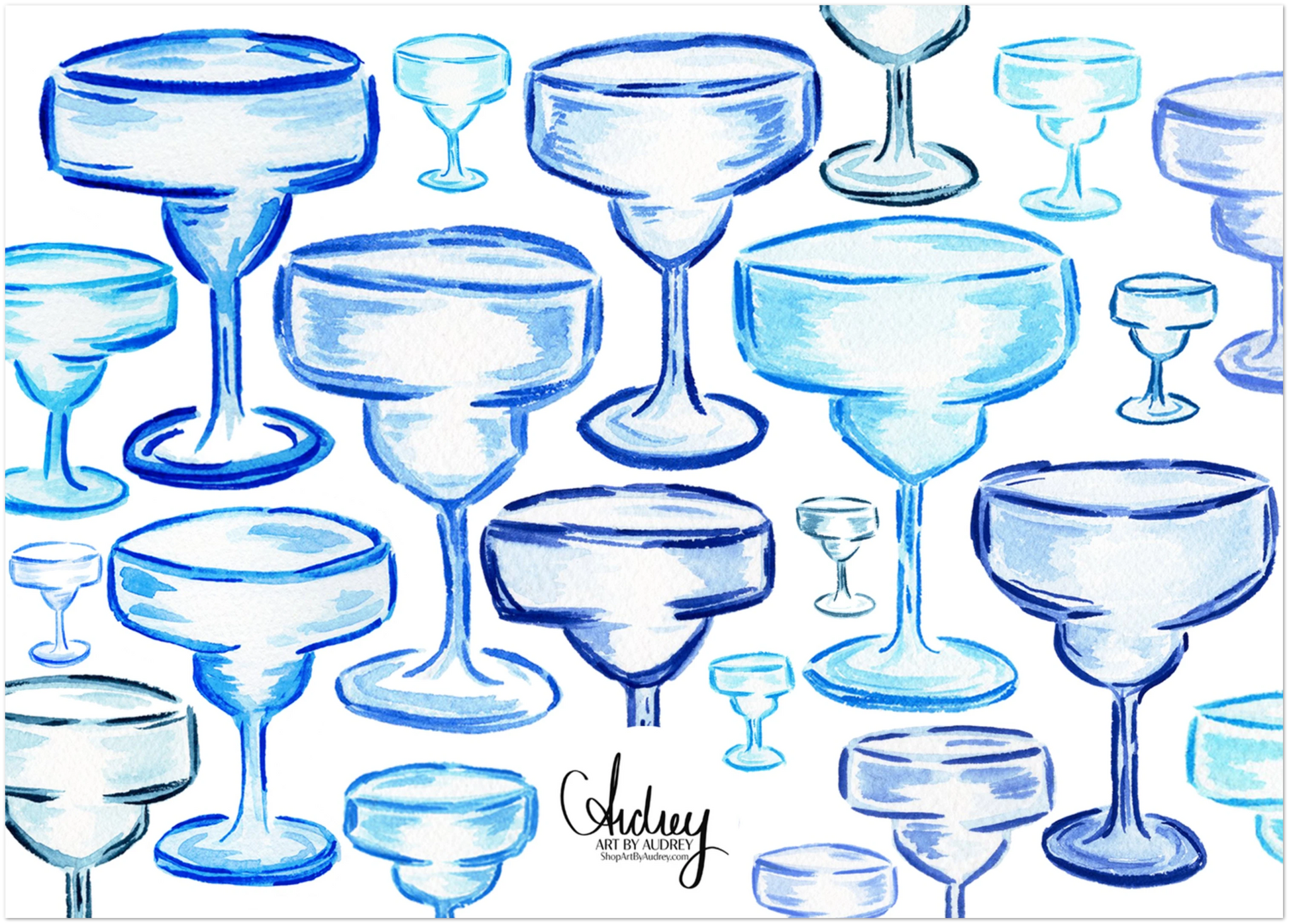 Personalized Blue Margarita Glass Watercolor Illustrated Flat Notecards | Set of 10 Cards & Envelopes | 2 Sizes | 3 Colors