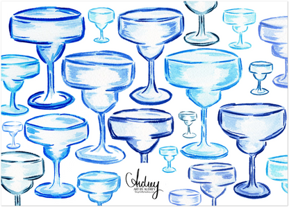 Personalized Blue Margarita Glass Watercolor Illustrated Flat Notecards | Set of 10 Cards & Envelopes | 2 Sizes | 3 Colors