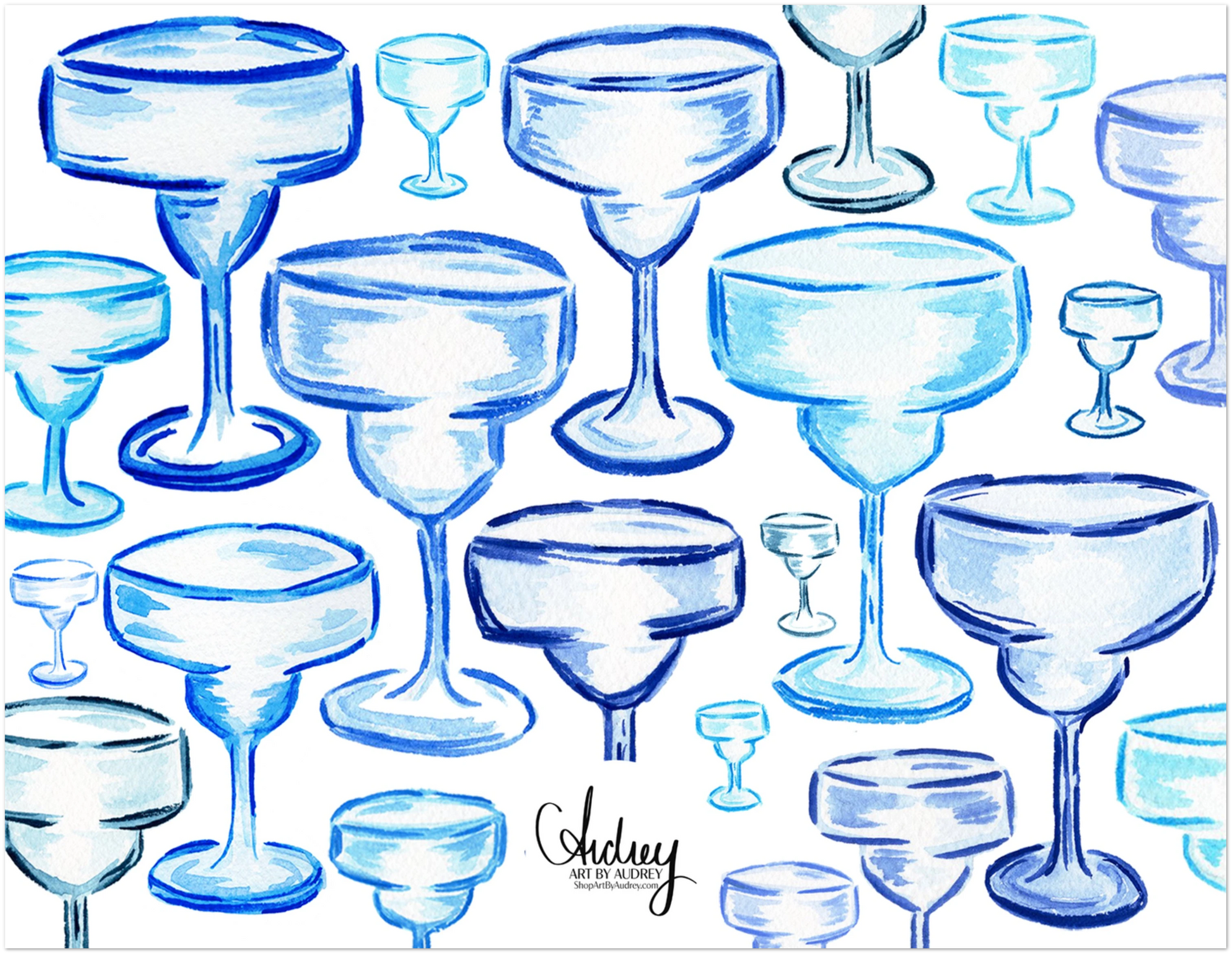 Personalized Blue Margarita Glass Watercolor Illustrated Flat Notecards | Set of 10 Cards & Envelopes | 2 Sizes | 3 Colors