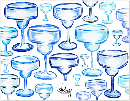 Personalized Blue Margarita Glass Watercolor Illustrated Flat Notecards | Set of 10 Cards & Envelopes | 2 Sizes | 3 Colors