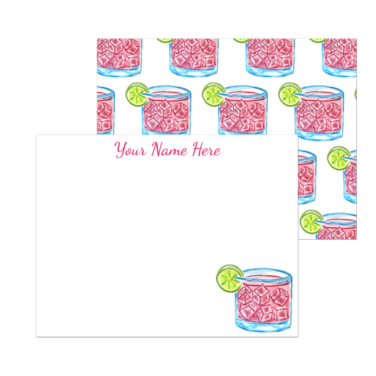 Personalized Paloma Pink Cocktail Watercolor Illustrated Flat Notecards | Set of 10 Cards & Envelopes | 2 Sizes