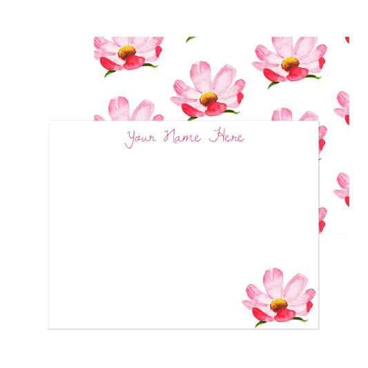 Personalized Coral Peony Watercolor Illustrated Flat Notecards | Set of 10 Cards & Envelopes | 2 Sizes
