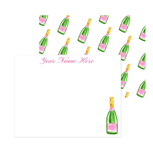 Personalized Notecards | Pink & Green Champagne Bottle Watercolor Illustration | Flat Notecards & Envelope Set of 10 | 2 Sizes