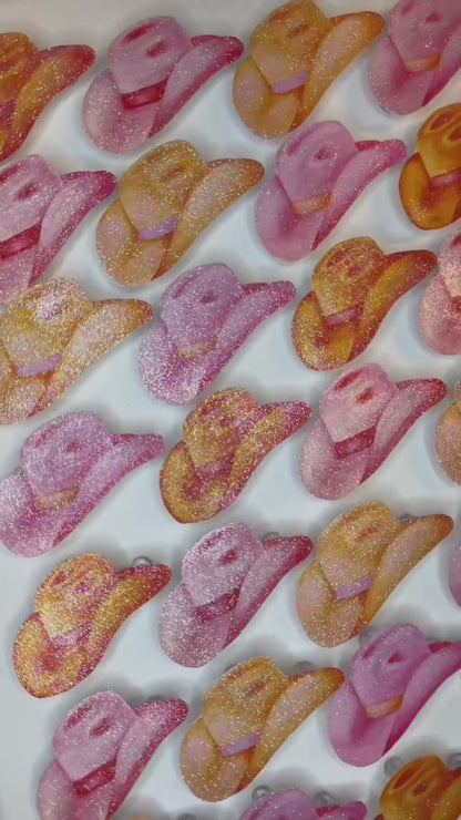 16” x 20” Glitter Embellished Watercolor Hot Pink & Orange Cowboy Hats 3D Push Pin Shadow Box Holographic Hot Pink