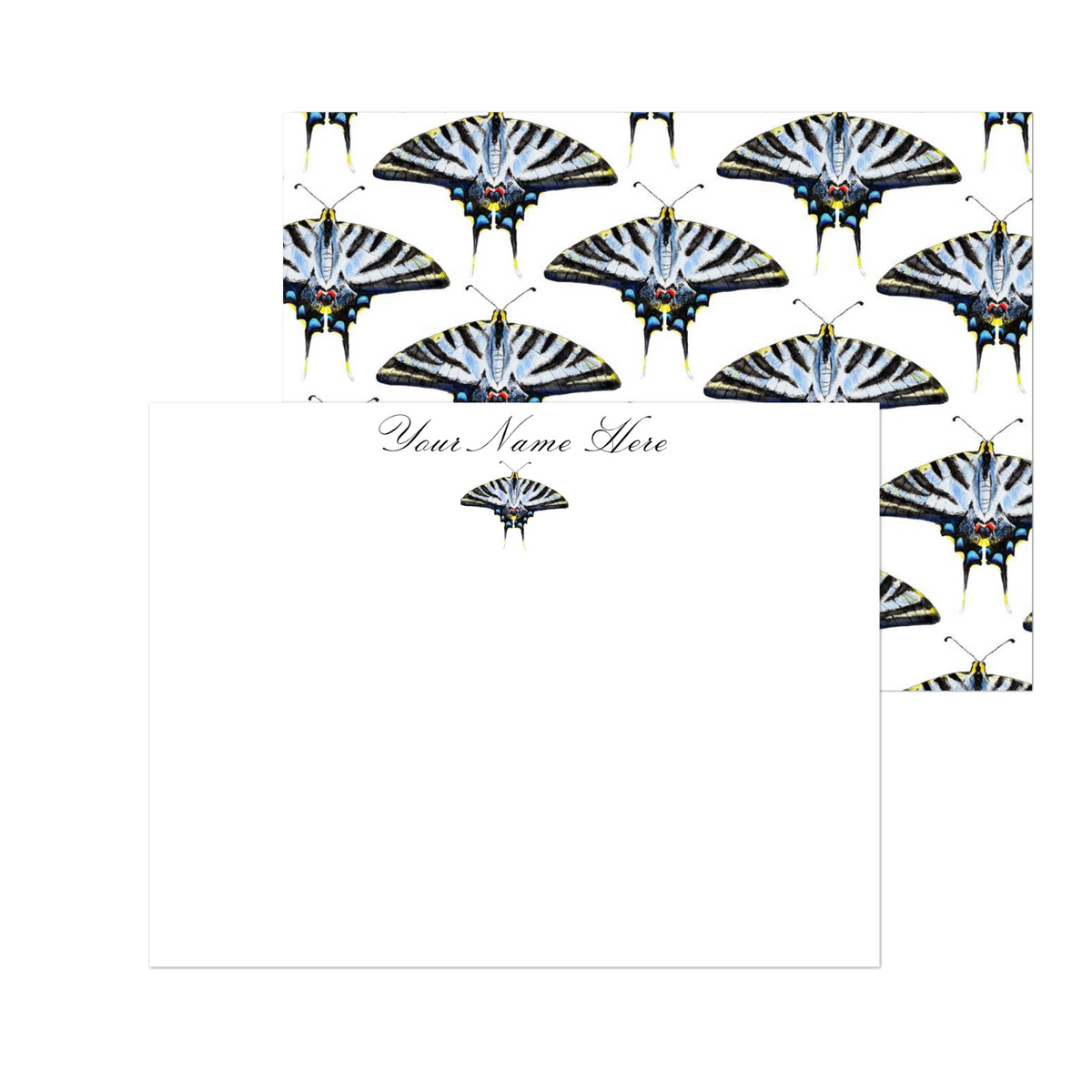 Personalized Light Blue Swallowtail Butterfly Watercolor Illustrated Flat Notecards | Set of 10 Cards & Envelopes | 2 Sizes