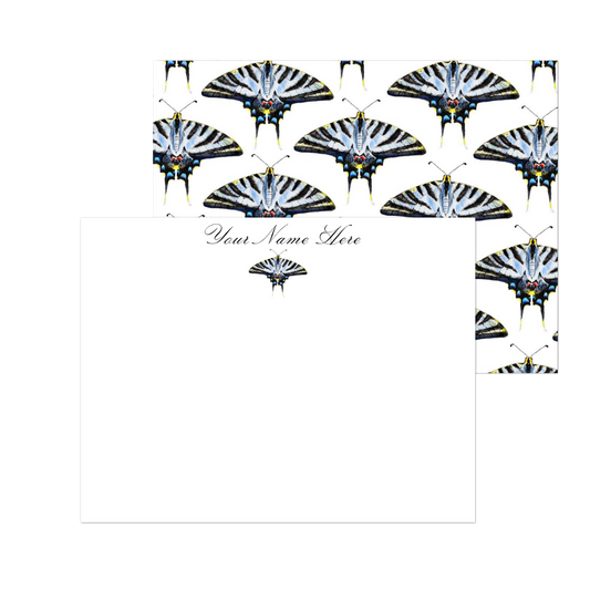 Personalized Light Blue Swallowtail Butterfly Watercolor Illustrated Flat Notecards | Set of 10 Cards & Envelopes | 2 Sizes